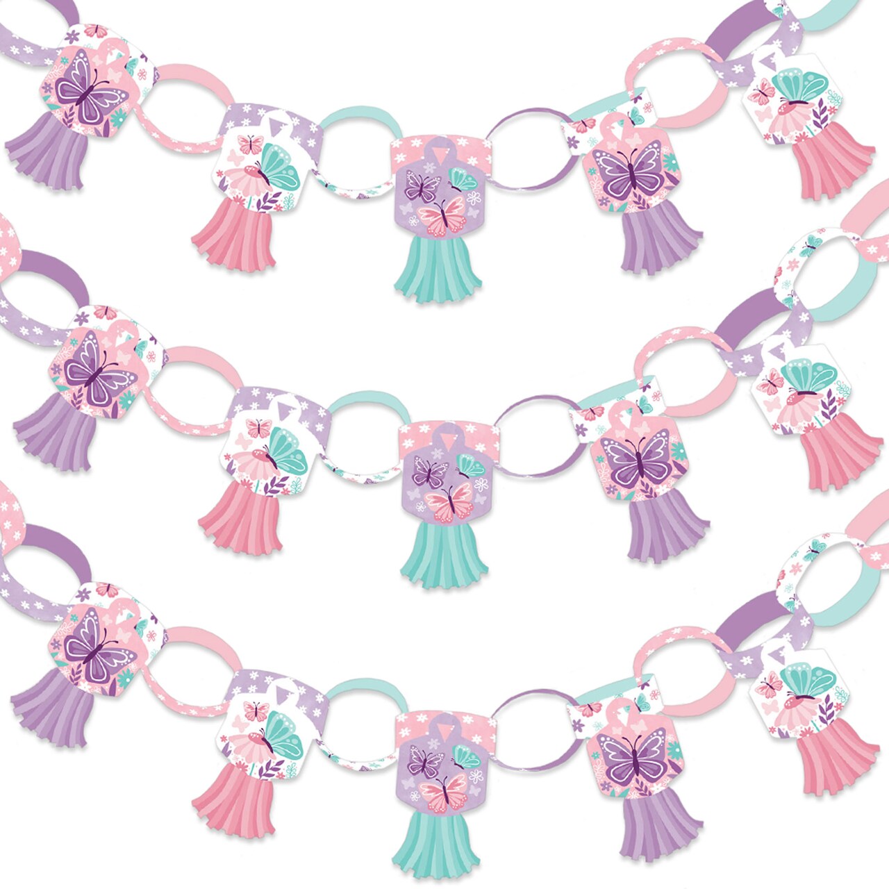 Big Dot of Happiness Beautiful Butterfly - 90 Chain Links & 30 Tassels Decoration Kit - Floral Baby Shower Birthday Party Paper Chains Garland - 21 ft